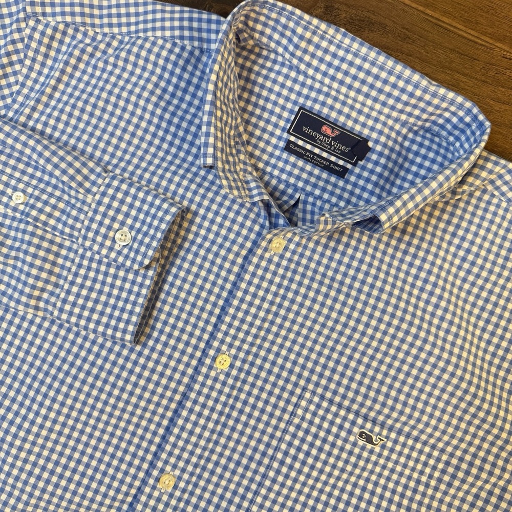 Vineyard Vines Classic Fit Tucker Shirt Men's‎ XL Checkered Blue White Logo
